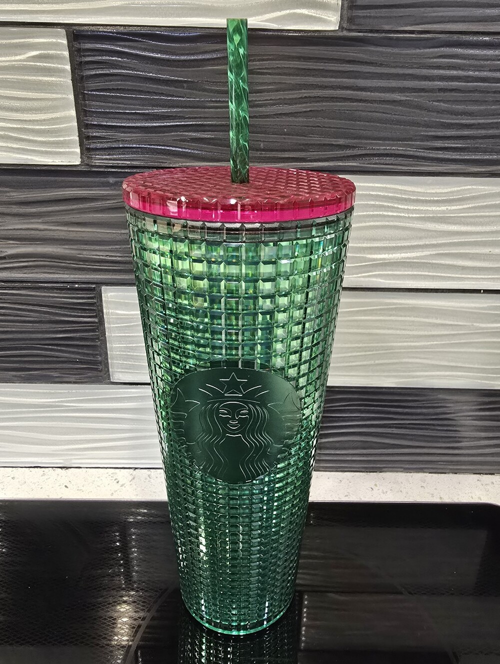 New Starbucks Venti Green Studded Tumbler with Pink Lid and Green Straw